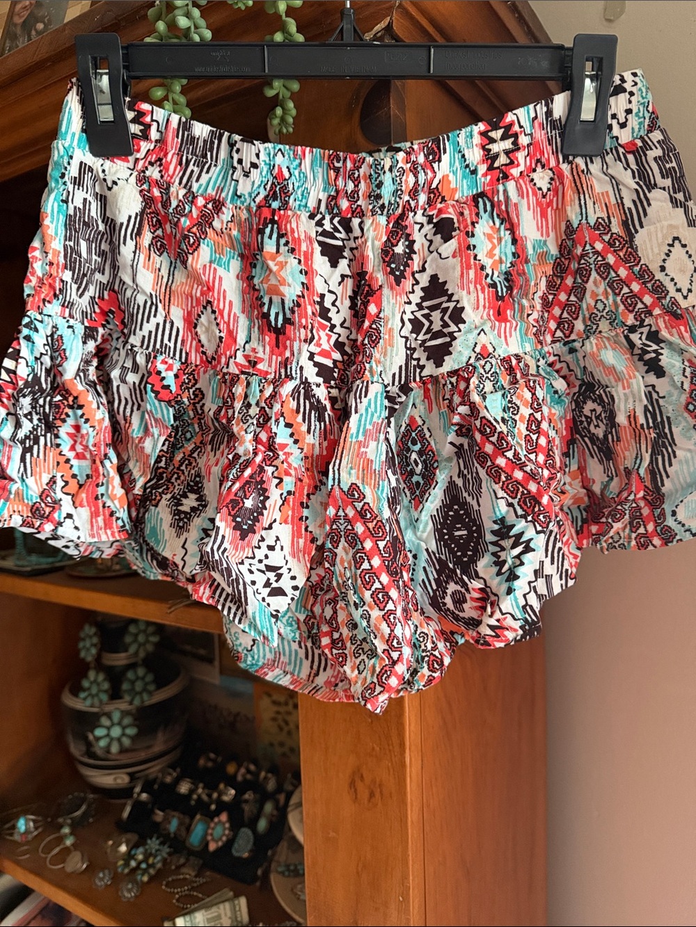 Women's Aztec Print Ruffle Shorts - Coral & Turquoise